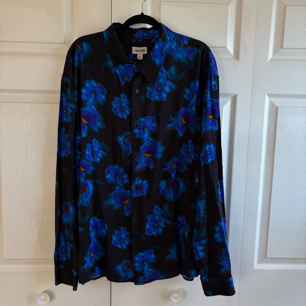 Open Edit Blue Black Floral Blurred Print Button Up Shirt‎ Viscose Preppy Fun XL